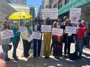 Seawright with survivors and advocates, including Tarale Wulff and Dawn Dunning, who testified in Harvey Weinstein’s trial. Photo courtesy of Rebecca Seawright’s office