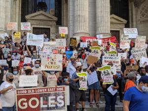 In August 2020, Good Old Lower East Side (GOLES) participated in a rally to cancel rent as a part of the Housing and Justice for All Coalition. Photo courtesy of GOLES