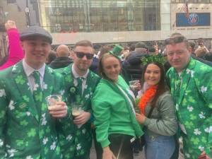 These five picked up their shamrock suits at the famed O’Carroll’s in Dublin and flew to New York for the parade, which they said is far larger than the parade in their home city. They are (from left): Stephen O’Brien, David O’Brien, Gillian Storey, Lauren Lambert and Peter Saltell. Photo: J. Patricia Walsh