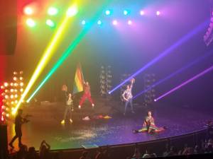 Try Guys onstage: Eugene Lee Yang (front) with Zach Kornfeld, Ned Fulmer and Keith Habersberger in the back