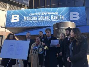 Assemblyman Tony Simone (back row between State Senators Liz Krueger, City Councilman Erik Bottcher, and NYS Senator Brad Hoylman (with mic) had gathered to blast MSG boss Jim Dolan’s use of facial recognition technology to bar attorneys whose firms are in litigation with MSG. To right of Simone in photo is Assemblyman Alex Bores and City Councilwoman Kristen Gonzalez. Photo: Keith J. Kelly