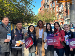 Democratic NY-10 candidate Daniel Goldman (left) campaigned with Attorney General Letitia James (center) and Democratic NYS Assembly candidate Grace Lee (second from right) on the Lower East Side on Election Day. Photo via Dan Goldman’s Twitter