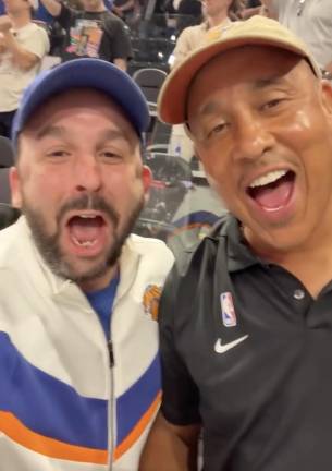 Assemblymember Keith Powers and Knicks legend John Starks in San Antonio, June 14.