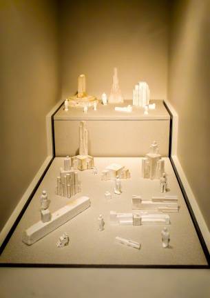 A display of Kazimir Malevich's "Arkhitektons and Figurines" from the late 1920s. The artist applied Suprematist theory to architectural models based on ideal volumes and shapes. Photo: Adel Gorgy