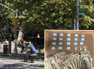 Broome and Chrystie streets at Sarah D. Roosevelt Park (left); note bike lane. Right: Busted, again, at Washington Square Park.