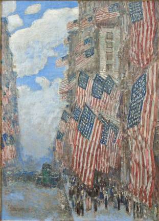 Childe Hassam (1859–1935). "The Fourth of July, 1916 (The Greatest Display of the American Flag Ever Seen in New York, Climax of the Preparedness Parade in May)," 1916. Oil on canvas, 36 x 26 1/8 in. Photography, Glenn Castellano. Courtesy of New-York Historical Society