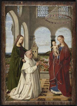 Petrus Christus, “The Virgin and Child with St. Barbara and Jan Vos” ca. 1450, Oil on panel, 7 5/8 × 5 ½ inches, Staatliche Museen zu Berlin, Gemäldegalerie. Photo courtesy The Frick Collection.