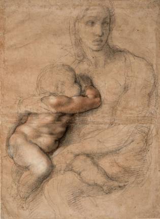 Michelangelo Buonarroti (Italian, Caprese 1475–1564 Rome). “Unfinished cartoon for a Madonna and Child.” 1525–30. Drawing, black and red chalk, white gouache, brush and brown wash: 21 5/16 x 15 9/16 in. Casa Buonarroti, Florence