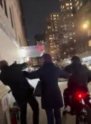 A British tourist is sent reeling after he was sucker-punched by an e-biker who drove onto the sidewalk after an encounter in the intersection crossing Third Ave. at E. 69th St. The tourist sustained a bloody nose.