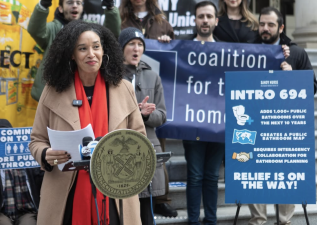 Council Member Sandy Nurse at a City Hall rally on April 10 for her new bathroom bill.
