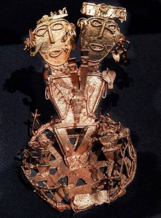 Gold votive offerings like this pair of figures were left by the Muisca people of Colombia in lakes, caves and fields, inspiring the myth of El Dorado. Photo: Adel Gorgy