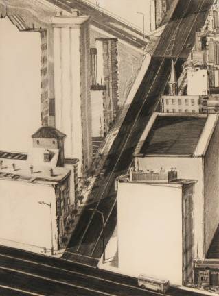 "Three Roads," 1983, charcoal. Private collection. © Wayne Thiebaud/Licensed by VAGA, New York, N.Y.