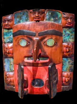 A Tsimshian headdress frontlet made in British Columbia, Canada, ca. 1820–40 shows the characteristic figurative abstraction, blurring the lines between human and animal forms. Photo: Adel Gorgy.