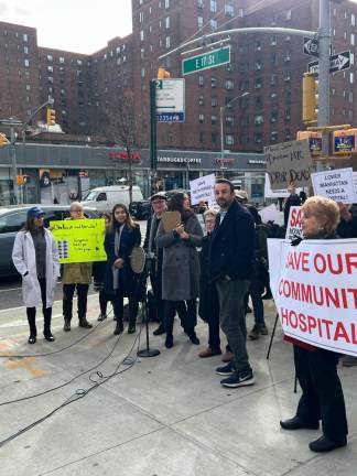 City Councilmembers Keith Powers and Carlina Rivera getting ready for a Dec. 14 rally outside Beth Israel, where they protested Mt. Sinai shuttering the branch’s facilities.