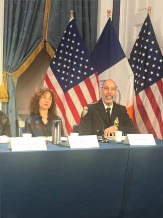 Sheriff Anthony Miranda (right) said that in the first four days of the citywide crackdown on illegal weed stores, 150 shops were investigated and 75 were shut down. Deputy Mayor of Operations Meera Joshi (left) looks on. Photo: Keith J. Kelly