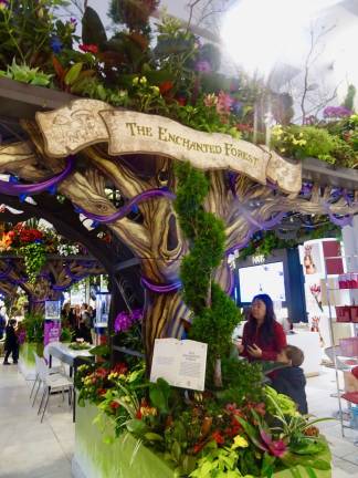 The Enchanged Forest, just inside the 34th Street entrance midbloock, has four “bridges” where tulips, juniper, azalea, lilies, even pines and spruces, dress up the Herald Square emporium. Photo: Clarrie Feinstein