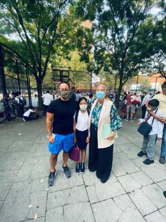 Manhattan Borough President Gale A. Brewer with families on the opening day of school. Photo: Office of the Borough President