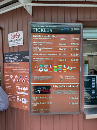 The official ticket price board at Castle Clinton. March 2025.