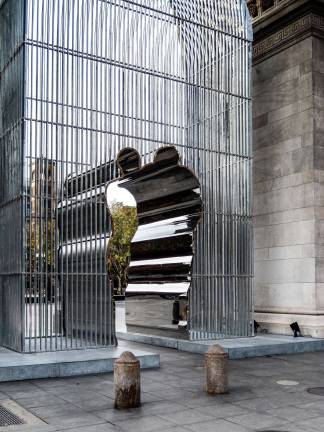 "Arch," a 37-foot-tall steel cage opens into Washington Square Park, which the artist often visited when he lived nearby during the 1980s. Photo: Adel Gorgy