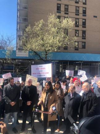 City Council member Carlina Rivera addresses a rally to save Beth Israel Hospital on March 24, joined by (from left) City Council member Chris Marte, NY State Senator Brian Kavanagh, NY State Senator Kristen Gonzalez (to rear of Rivera), Congressman Jerry Nadler and NY State Assembly member Harvey Epstein. Photo: Keith J. Kelly
