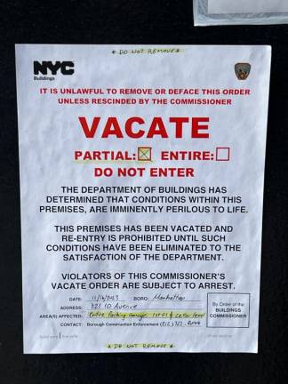 <b>A partial vacate order issued on November 16 for a garage at 721 10 Ave. The DOB found that the Hells Kitchen structure contained an amount of cars greatly exceeding the permitted occupancy limit</b>.