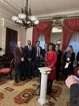 Council members Harvey Epstein, Chris banks, Chris Marte, and Selvena Brooks-Powers speak at a press conference at the Merchant House about the new discovery of an underground passageway said to be used as an “escape hatch” by fleeing slaves.