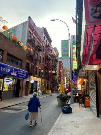 Street around corner in heart of Chinatown. CB3 recently recommended a new French Bistro be allowed to open in the historic neighborhood, stirring controversy from some locals who think it works against preserving Chinese culture. Photo: Mimi Lamarre