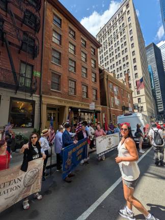 Parade’s end at historic Fraunces Tavern. It followed a different route this year, since the fireworks were being readied in the lower East River that evening.