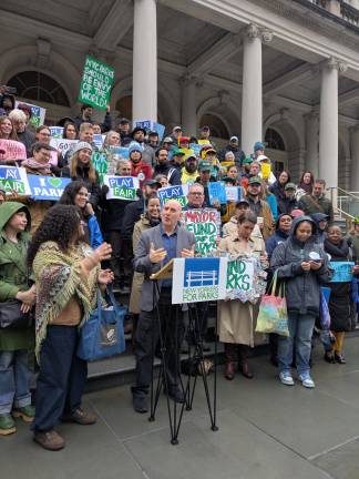Council Member Harvey Epstein speaks against Parks Department budget cuts.