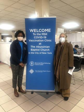 Manhattan Borough President Gale Brewer on April 2 at the Memorial Sloan Kettering vaccination site at the Abyssinian Baptist Church. Photo via Gale A. Brewer on Twitter