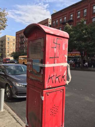 A police and fire call box on the Upper West Side, near West 104th Street and Columbus Avenue, was vandalized with a swastika and “KKK” in October 2018. Photo: Office of Council Member Mark Levine