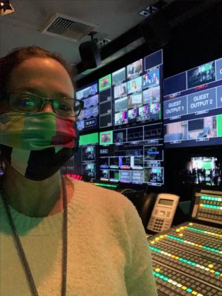 Karen Cape in the control room of “The Late Show With Stephen Colbert.” Photo courtesy of Karen Cape