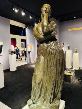 “Penelope Waiting” is a life-size bronze statue by French artist Emile-Antoine Bourdelle. The 1912 work is signed, dated, numbered and inscribed, from Bernard Goldberg Fine Arts, LLC