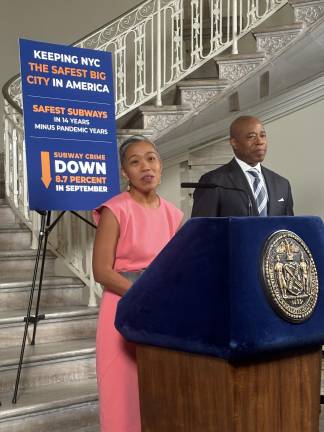 Marie Torres-Springer, with Eric Adams in October when she was promoted to First Deputy Mayor. At the time, Adams said the promotion signified his administration’s “deep bench.” Now she is one of the four deputy mayors who resigned en masse on Feb. 17.