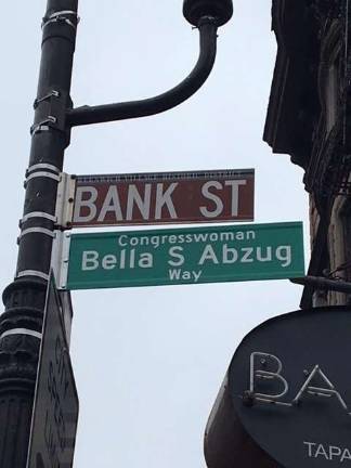It's official: Bank Street in Greenwich Village is now called Congresswoman Bella S. Abzug Way after a street co-naming on March 29. Photo courtesy of Liz Abzug