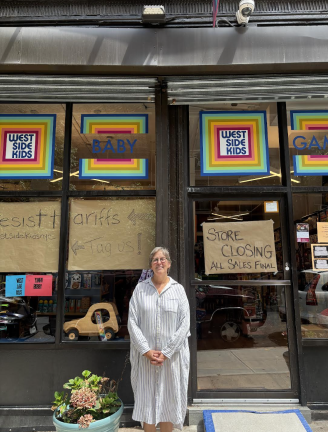 Jenny Bergman in front of West Side Kids. The beloved UWS institution is shutting its doors after 44 long years.
