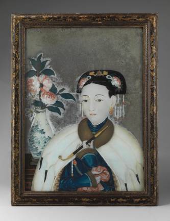 ”Woman with a Pipe,” ca. 1760–80, will be on view in <i>“Monstrous Beauty: A Feminist Revision of Chinoiserie.” </i>Reverse-painted crown glass, imitation lacquer frame, The Metropolitan Museum of Art, Purchase, Larry and Ann Burns Gift, in honor of Austin B. Chinn, 2022. © The Metropolitan Museum of Art.
