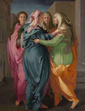 Jacopo da Pontormo, "Visitation," 1528 – 1529, Oil on panel, 79 1/2 × 61 7/16 in., Carmignano, Pieve di San Michele Arcangelo. At the Morgan Library &amp; Museum through Jan. 6, 2019. Photo by Antonio Quattrone.