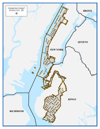 The new map of Congressional District 10, which snakes from the Upper West Side through Brooklyn. Courtesy of the NYS Legislative Task Force on Demographic Research and Reapportionment.