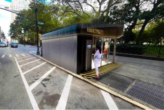 A rendering shows the proposed e-bike charging station outside City Hall. Photo: Rendering Courtesy of FANTÁSTICA