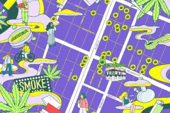 A map shows unlicensed Lower East Side cannabis shops near state sanctioned smoke shop Conbud. Credit: Illustration by Naomi Otsu