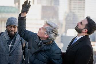 Look skyward! Atop the David N. Dinkins building, from left: Public Advocate Jumaane Williams, Manhattan Borough President Brad Hoylman-Sigal, and Mayor Zohran Mamdani.