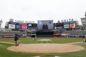 At the Yankees home opener against the Toronto Blue Jays on April 2, MTA Chairman and CEO Patrick Foye welcomed fans back to the ballpark on the jumbotron at Yankee Stadium. Photo: Metropolitan Transportation Authority of the State of New York