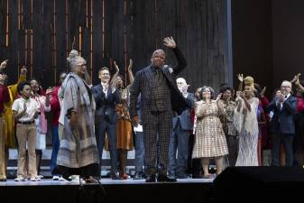 Composer Terence Blanchard taking a curtain call following the performance of his opera “Fire Shut Up in My Bones,” which opened the Metropolitan Opera’s 2021-22 season. Photo: Rose Callahan / Met Opera