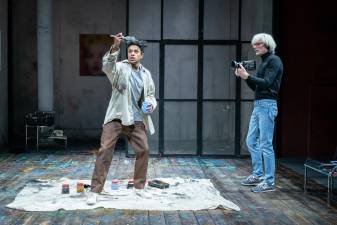 Jeremy Pope (left) and Paul Bettany (right) performing in “The Collaboration” at the Young Vic in London. Photo: Mark Brenner