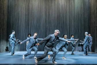 David Byrne and the American Utopia band strike a pose while performing in the Hudson Theatre during their first stay on Broadway. Photo: Mattew Murphy