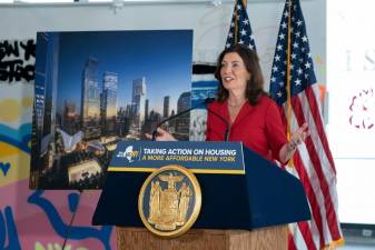 Governor Kathy Hochul announcing at a July 27 press conference that 1/3 of the 1,200 apartments set to be built at 5 World Trade Center will be designated as affordable.