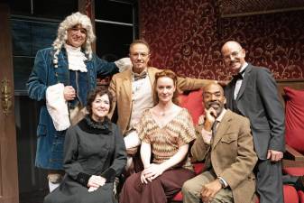 The company of “Strings Attached” – Jonathan Hadley, Bonnie Black, Paul Schoeffler, Robyne Parrish, Brian Richardson, Russell Saylor. Photo: John Quilty