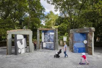 “Doors for Doris,” Sam Moyer, 2020, Bluestone, poured concrete, assorted marble, and steel. Presented by Public Art Fund at Doris C. Freedman Plaza, September 16, 2020—September 12, 2021. Courtesy Sam Moyer Studio and Sean Kelly, New York. Photo: Nicholas Knight, Courtesy Public Art Fund, NY