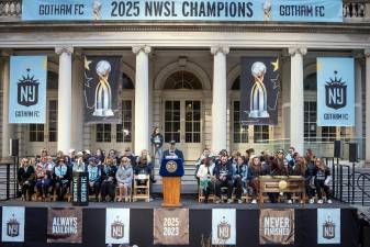 Mayor Adams and the Gotham FC championship dais at City Hall, Nov. 24, 2024.